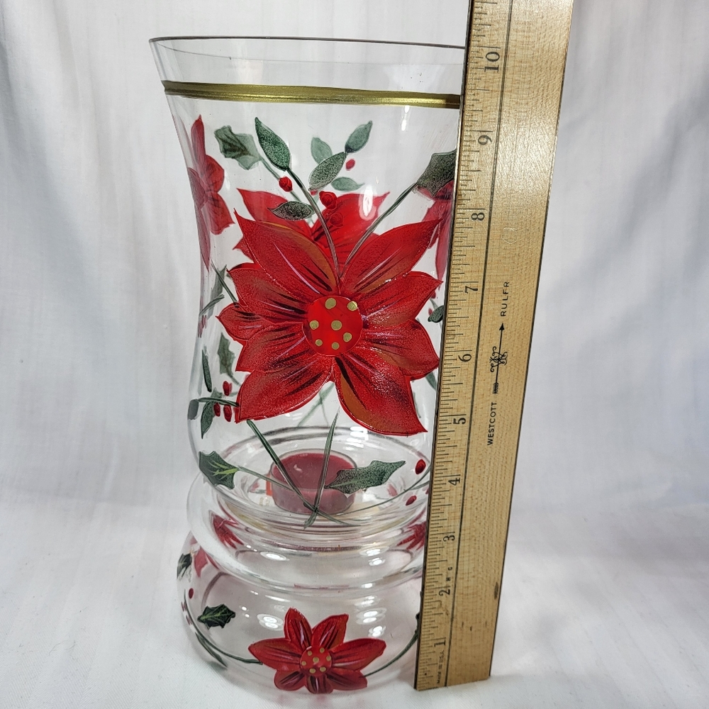 Celebrations Poinsettia Hurricane Candle Holder Glass 10" Christmas 2pc with Box - Picture 6 of 16